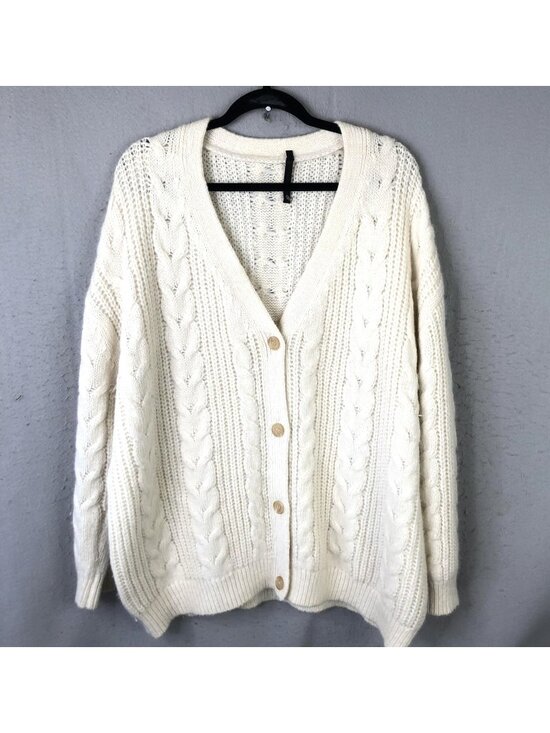 Jenni Kayne Sweaters - Jenni Kayne Cardigan Sweater Womens L Ivory Alpaca Wool Cable Knit Luxury Chunky